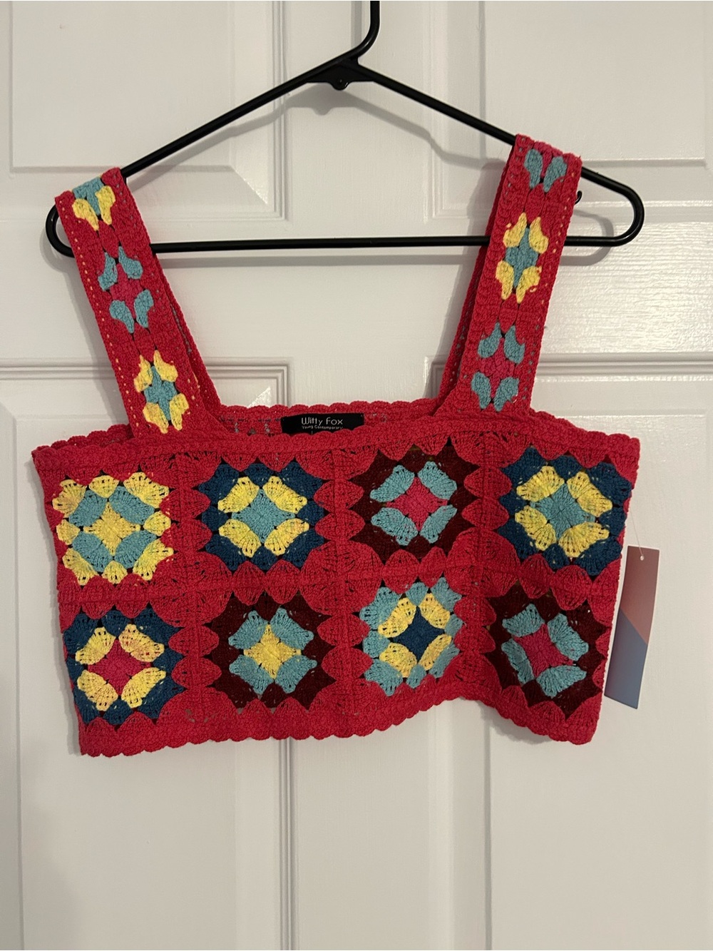 NWT Witty Fox Crochet Square Crop Top in Red with Yellow & Teal Accents